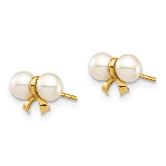 14K Yellow Gold Madi K 3-4mm White Round FWC Pearl Bow Post Earrings