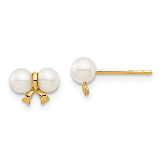 14K Yellow Gold Madi K 3-4mm White Round FWC Pearl Bow Post Earrings