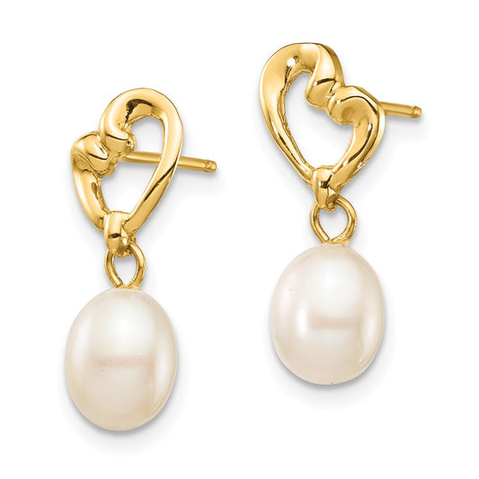 14K Yellow Gold Madi K 5-6mm White Rice FWC Pearl Heart Dangle Earrings