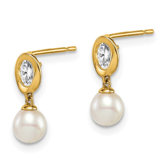 14K Yellow Gold Madi K White FWC Pearl CZ Dangle Post Earrings