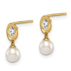 14K Yellow Gold Madi K White FWC Pearl CZ Dangle Post Earrings