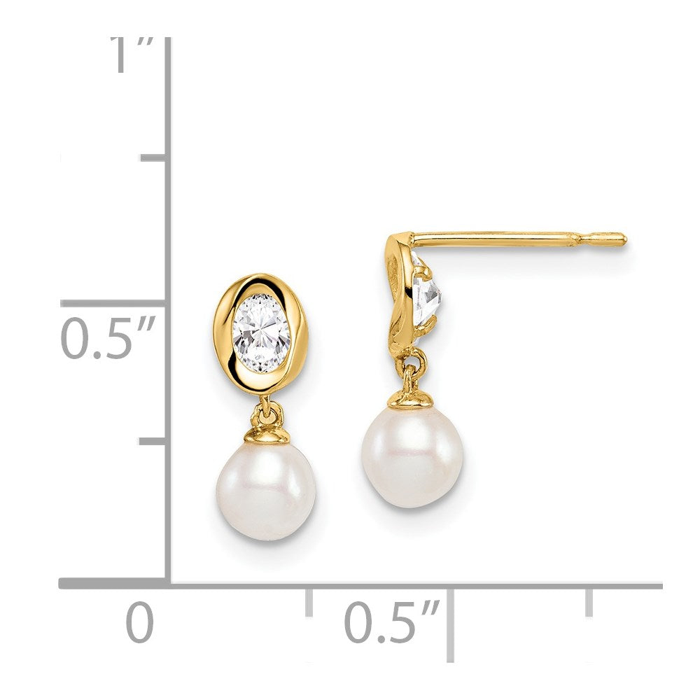 14K Yellow Gold Madi K White FWC Pearl CZ Dangle Post Earrings