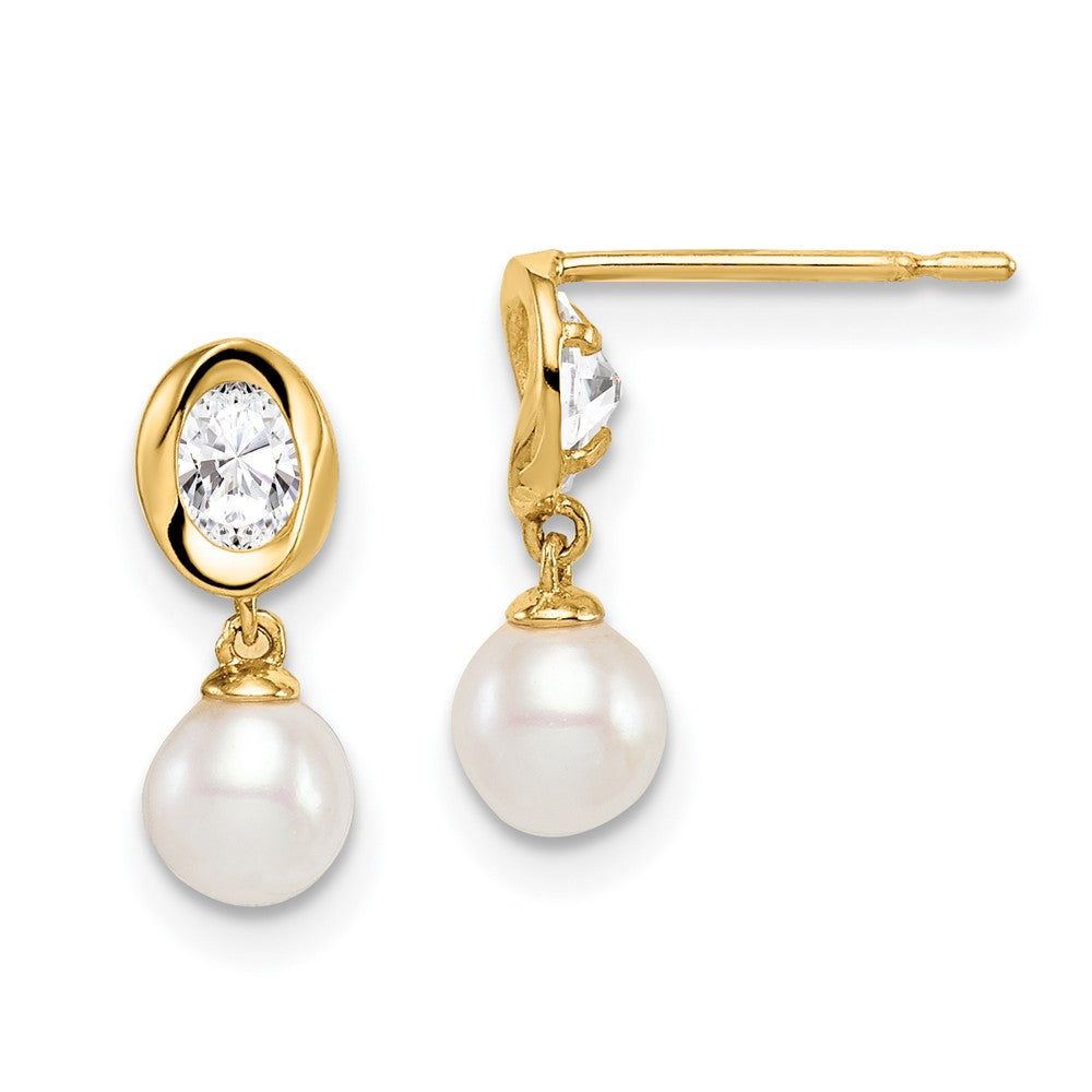 14K Yellow Gold Madi K White FWC Pearl CZ Dangle Post Earrings