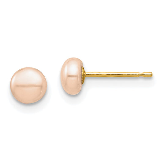 14K Yellow Gold Madi K 4-5mm Pink Button FWC Pearl Stud Post Earrings