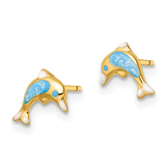 14K Yellow Gold Madi K Polished Enameled Dolphin Post Earrings