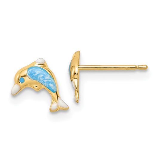 14K Yellow Gold Madi K Polished Enameled Dolphin Post Earrings