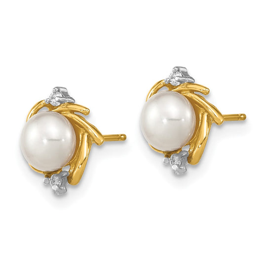 14K Yellow Gold Madi K 5-6mm Button White FWC Pearl .04ct. Diamond Earrings