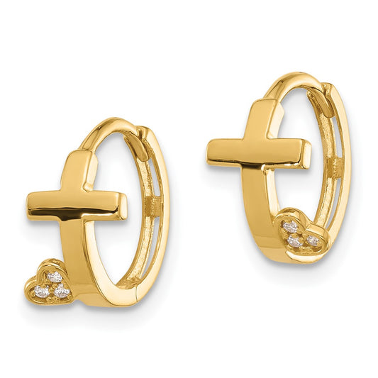 14K Yellow Gold Madi K Polished Cross with CZ Heart Hinged Huggie Hoop Earrings