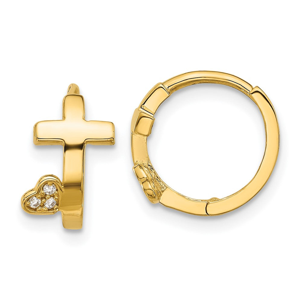 14K Yellow Gold Madi K Polished Cross with CZ Heart Hinged Huggie Hoop Earrings