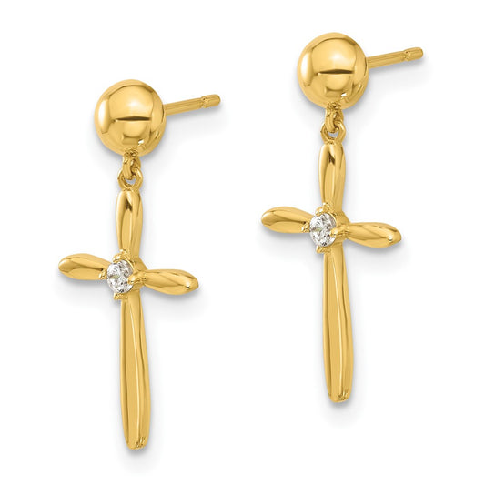 14K Yellow Gold Madi K Polished CZ Cross Post Dangle Earrings