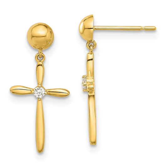 14K Yellow Gold Madi K Polished CZ Cross Post Dangle Earrings