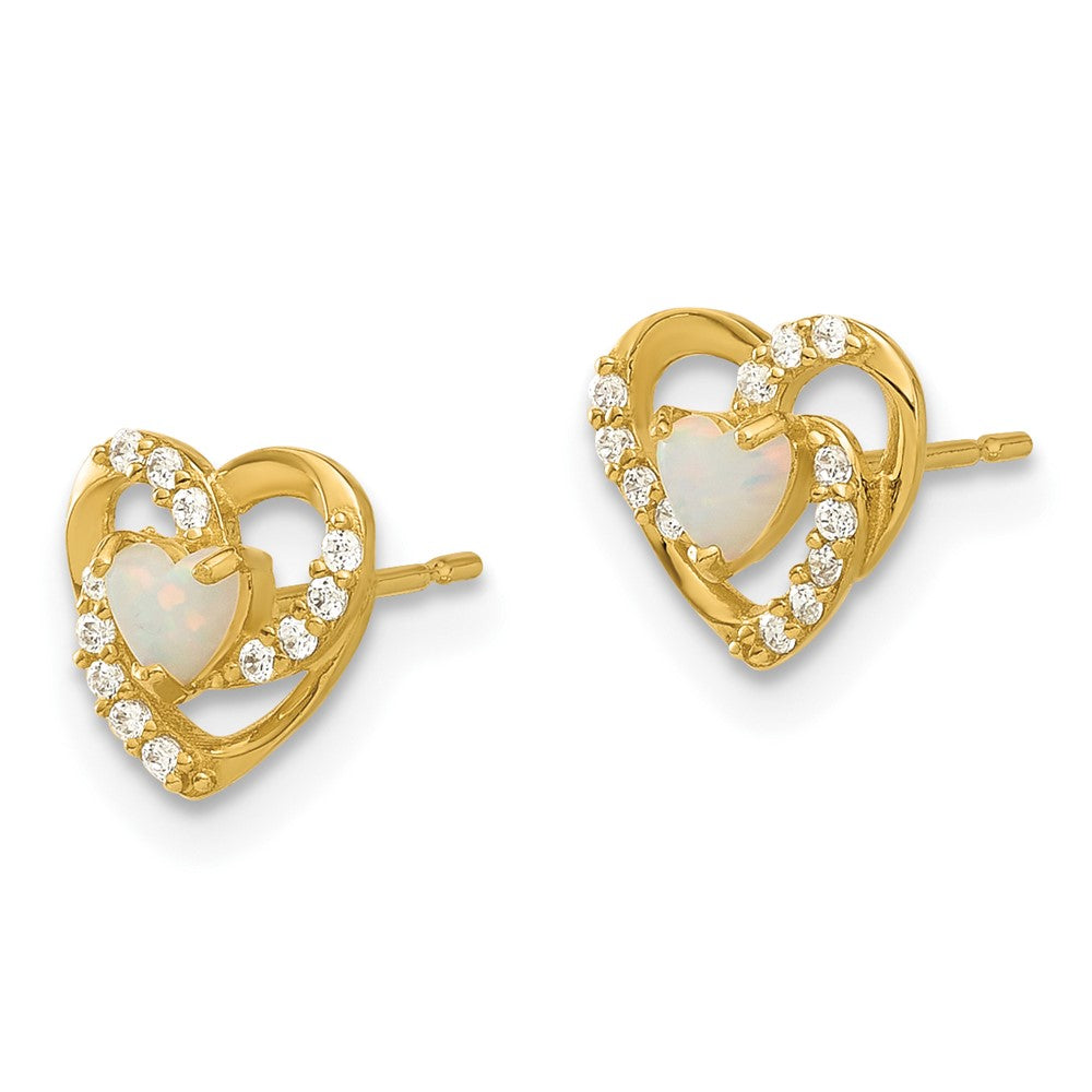 14K Yellow Gold Madi K Polished Created Opal and CZ Heart Post Earrings