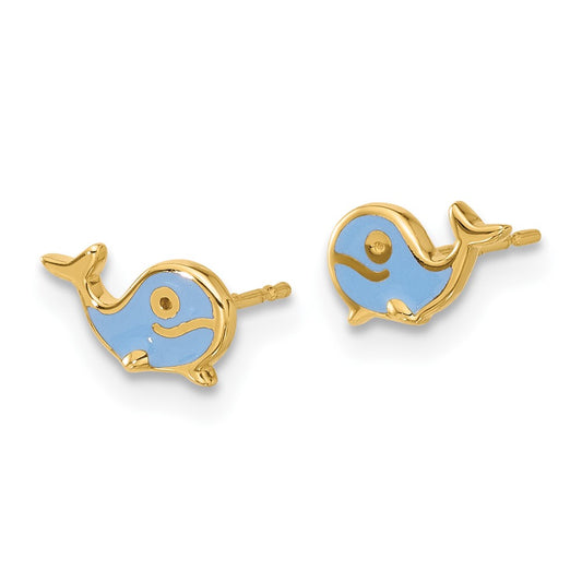 14K Yellow Gold Madi K Polished Blue Enameled Whale Post Earrings