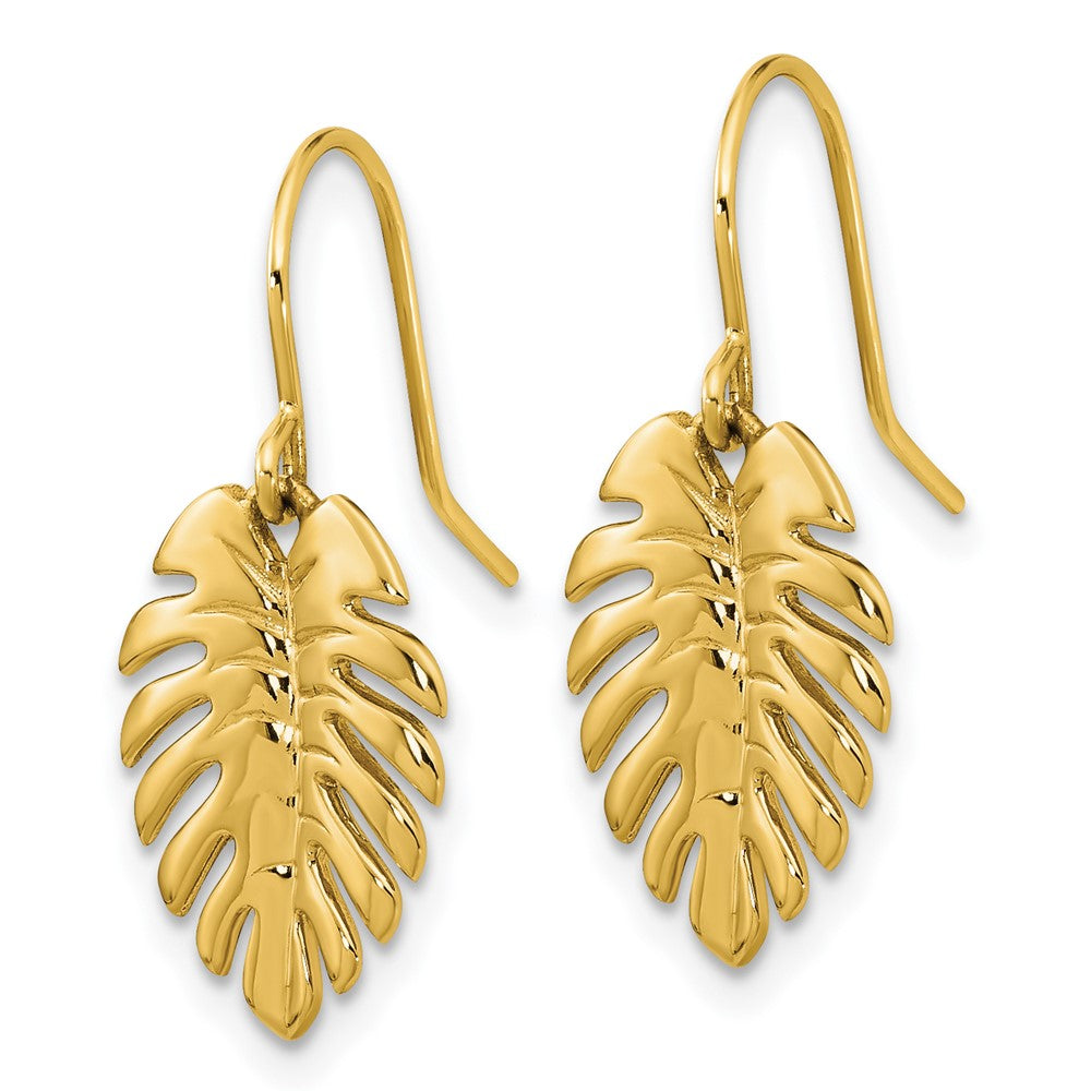 14K Yellow Gold Polished Palm Leaf Dangle Earrings