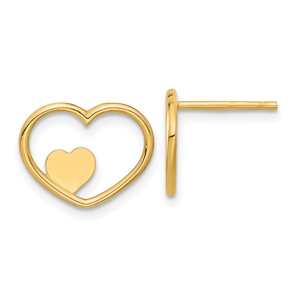 14K Yellow Gold Open Heart with Small Heart Post Earrings