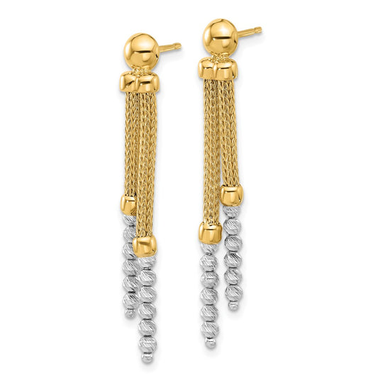 14K Two-Tone Gold Polished and Diamond-cut Beaded Dangle Post Earrings