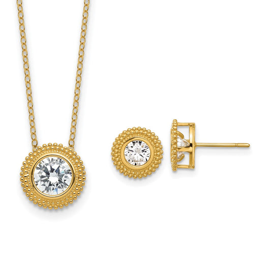 14K Yellow Gold CZ Bezel 16in with 2in ext. Necklace and Earrings Set
