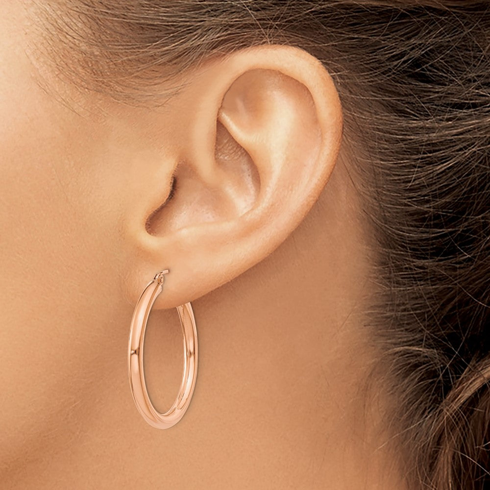 14K Rose Gold Polished 3mm Lightweight Tube Hoop Earrings