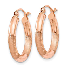 14K Rose Gold 3mm Satin and Diamond-cut Hoop Earrings