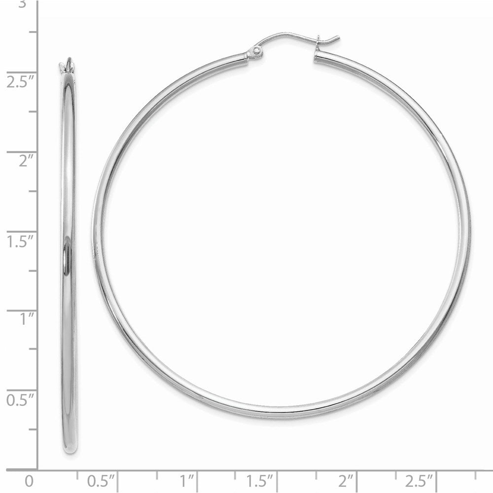 14K White Gold Polished 2x60mm Lightweight Tube Hoop Earrings