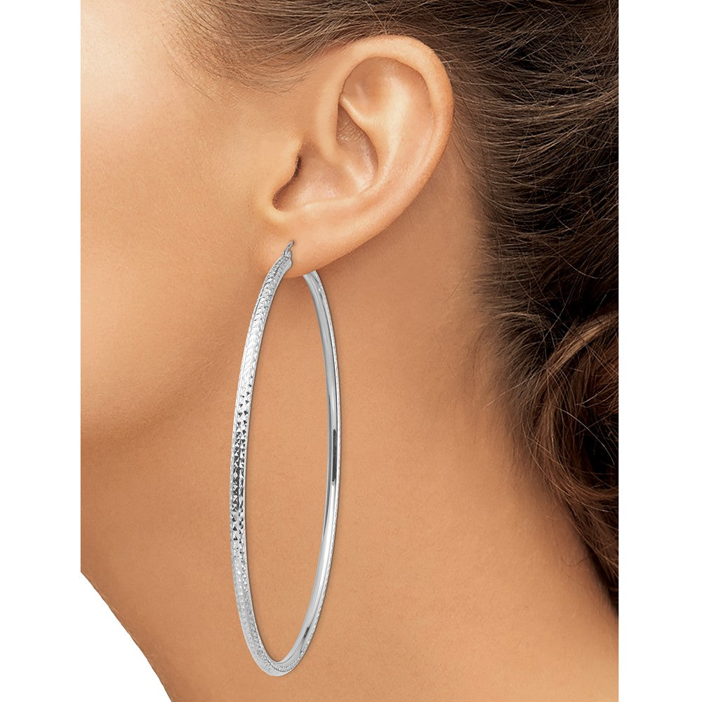 14K White Gold Lightweight 3mm Diamond-cut Hoop Earrings