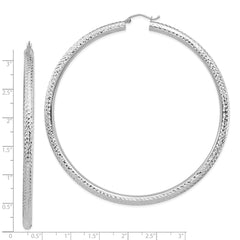 14K White Gold Diamond-cut 4x80mm Lightweight Tube Hoop Earrings