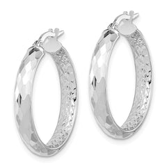 14K White Gold Polished and Textured Diamond-cut Inside Fancy Hoop Earrings