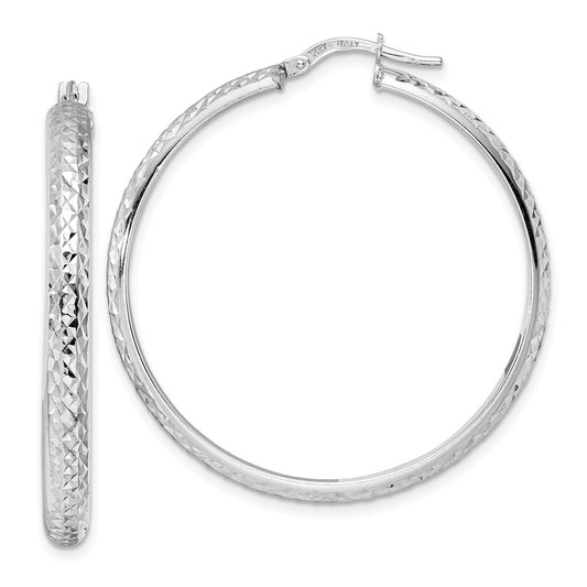 14K White Gold Diamond-cut Hoop Earrings