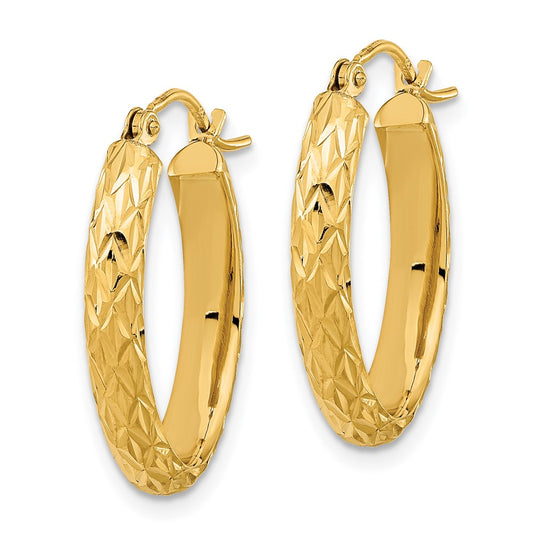 14K Yellow Gold Polished Diamond-cut Fancy Oval Hoop Earrings