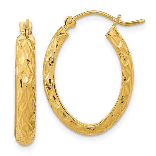 14K Yellow Gold Polished Diamond-cut Fancy Oval Hoop Earrings