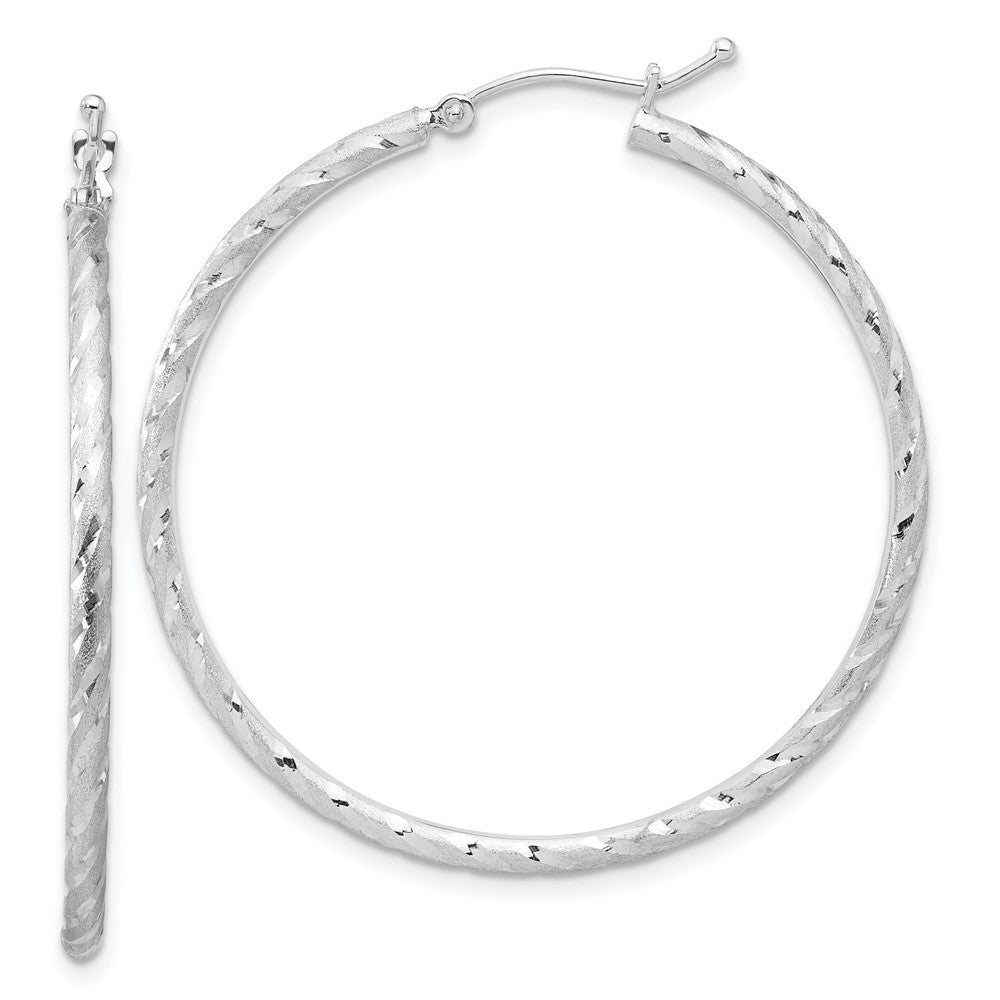 14K White Gold Polished and Satin Diamond-cut 2.00mm Hoop Earrings