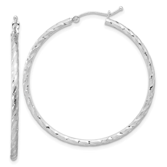 14K White Gold Polished and Satin Diamond-cut 2.00mm Hoop Earrings