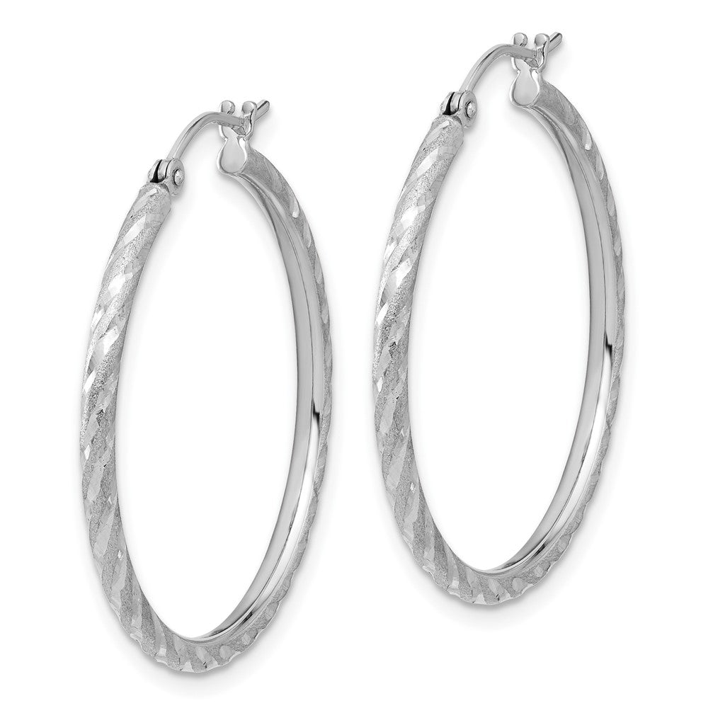 14K White Gold Polished and Satin Diamond-cut 2.00mm Hoop Earrings