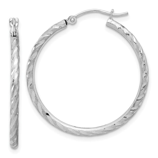 14K White Gold Polished and Satin Diamond-cut 2.00mm Hoop Earrings