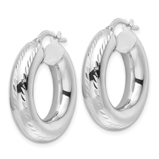 14K White Gold Polished & Diamond-cut 6mm Hollow Round Hoop Earrings