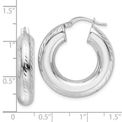 14K White Gold Polished & Diamond-cut 6mm Hollow Round Hoop Earrings