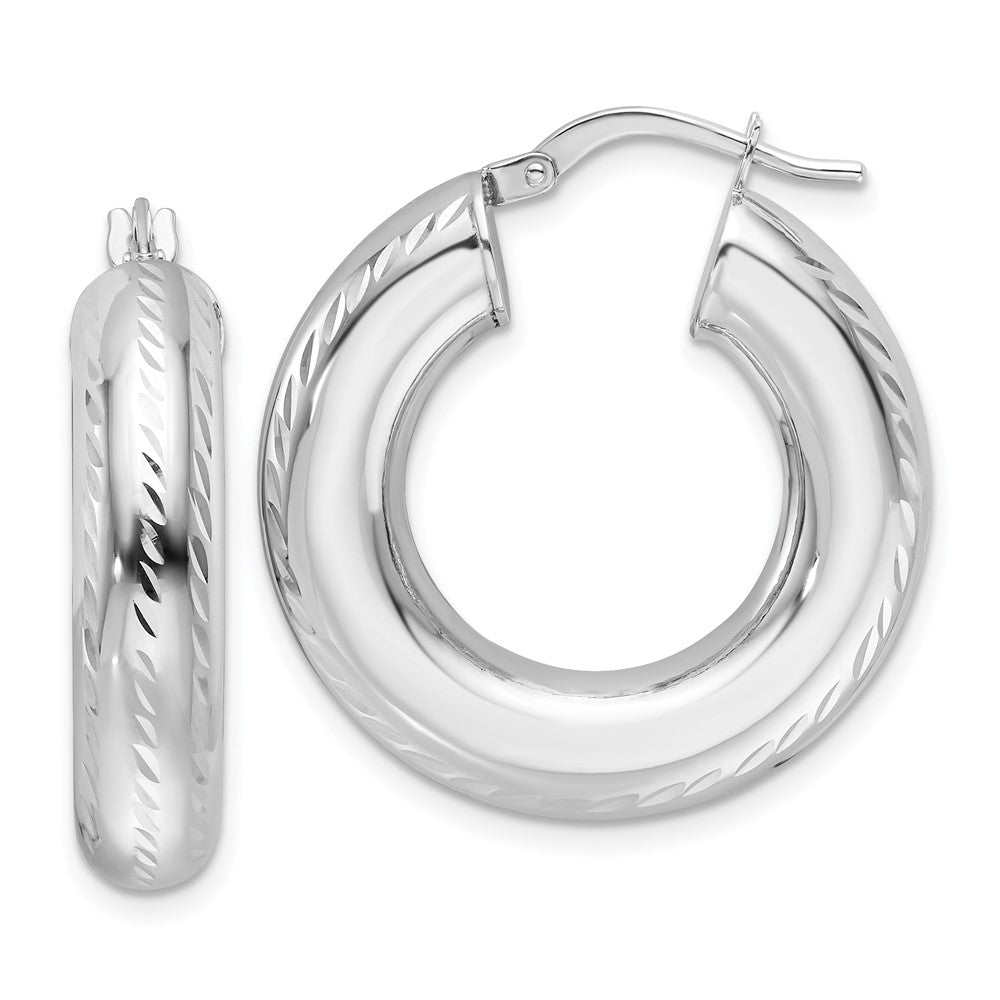 14K White Gold Polished & Diamond-cut 6mm Hollow Round Hoop Earrings