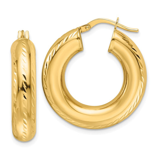 14K Yellow Gold Polished & Diamond-cut 6mm Hollow Round Hoop Earrings