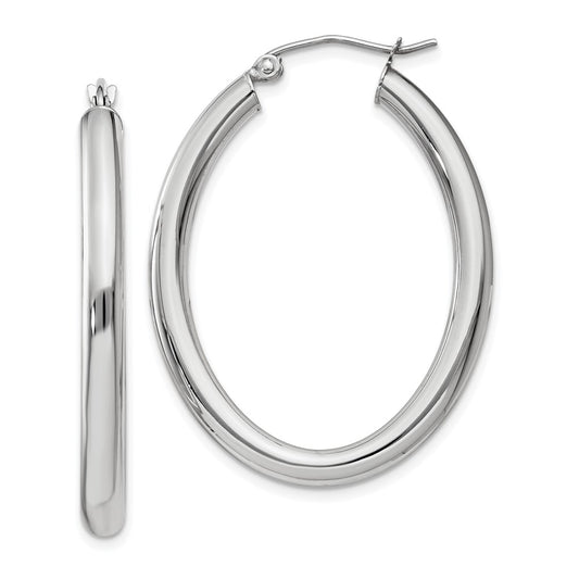 14K White Gold Polished 3.5mm Oval Tube Hoop Earrings