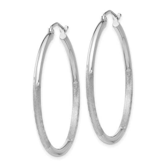 14K White Gold Satin and Diamond-cut 2mm Round Hoop Earrings