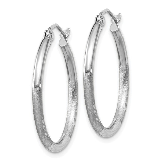 14K White Gold Satin and Diamond-cut 2mm Round Hoop Earrings