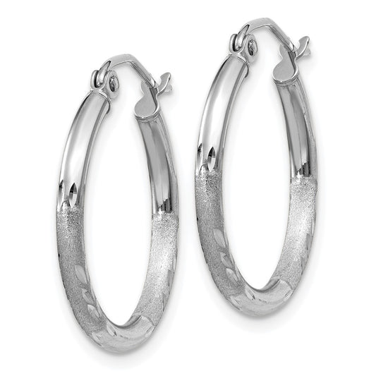 14K White Gold Satin and Diamond-cut 2mm Round Hoop Earrings