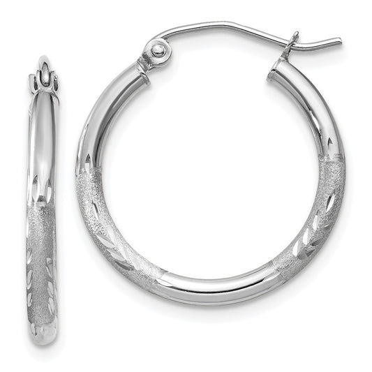 14K White Gold Satin and Diamond-cut 2mm Round Hoop Earrings