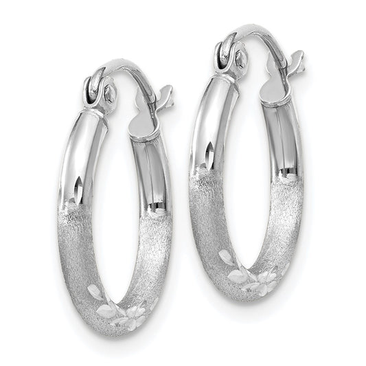 14K White Gold Satin and Diamond-cut 2mm Round Hoop Earrings