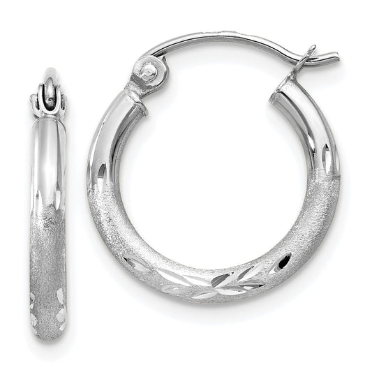 14K White Gold Satin and Diamond-cut 2mm Round Hoop Earrings