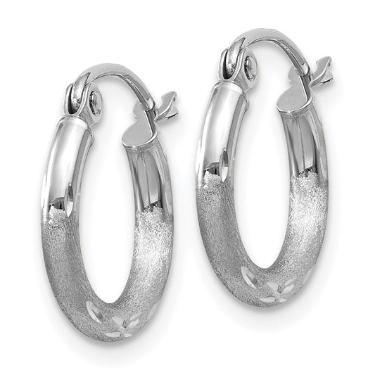 14K White Gold Satin and Diamond-cut 2mm Round Hoop Earrings