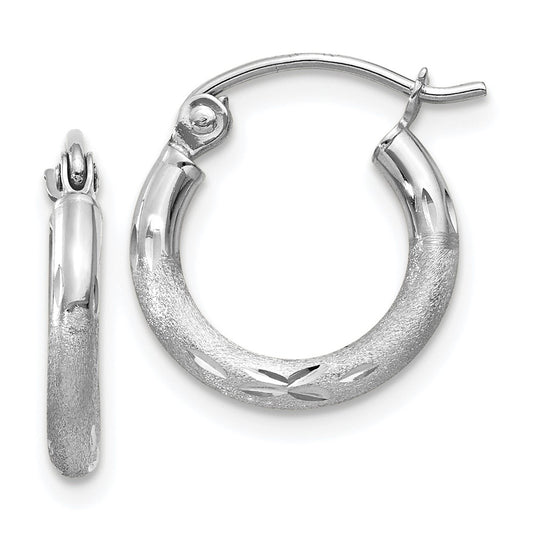 14K White Gold Satin and Diamond-cut 2mm Round Hoop Earrings