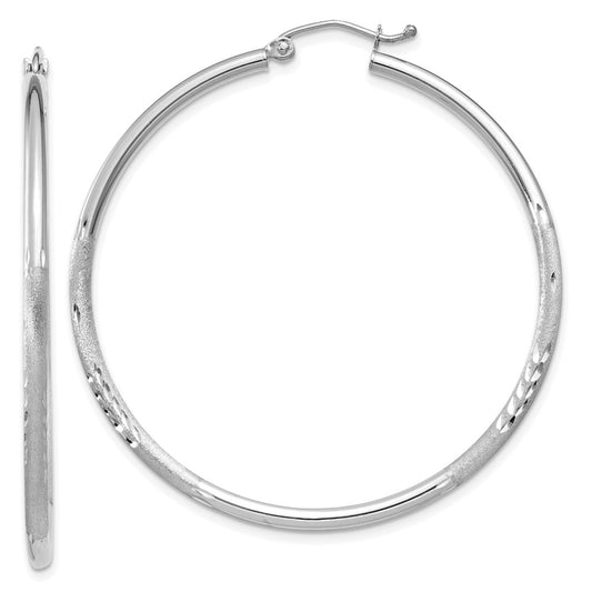 14K White Gold Satin and Diamond-cut 2mm Round Hoop Earrings