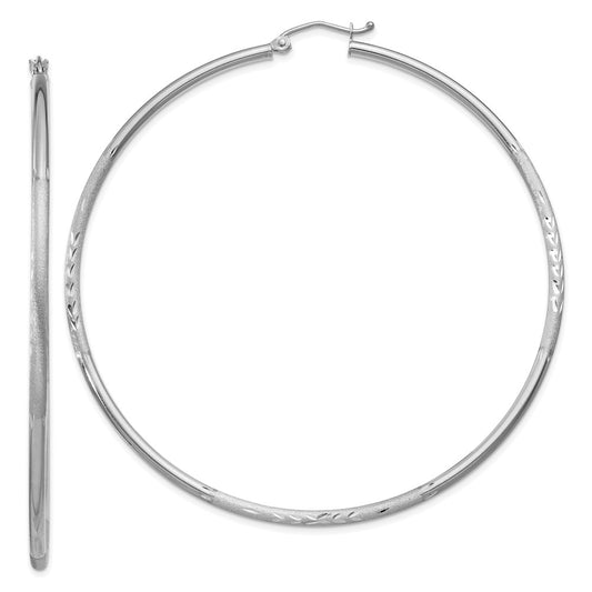 14K White Gold Satin and Diamond-cut 2mm Round Hoop Earrings