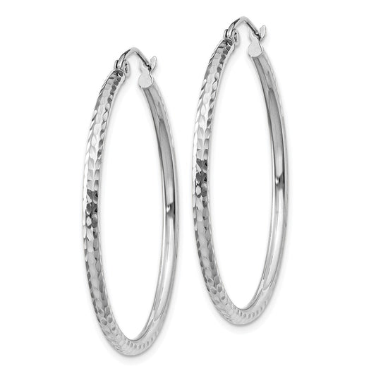 14K White Gold Diamond-cut 2mm Round Tube Hoop Earrings